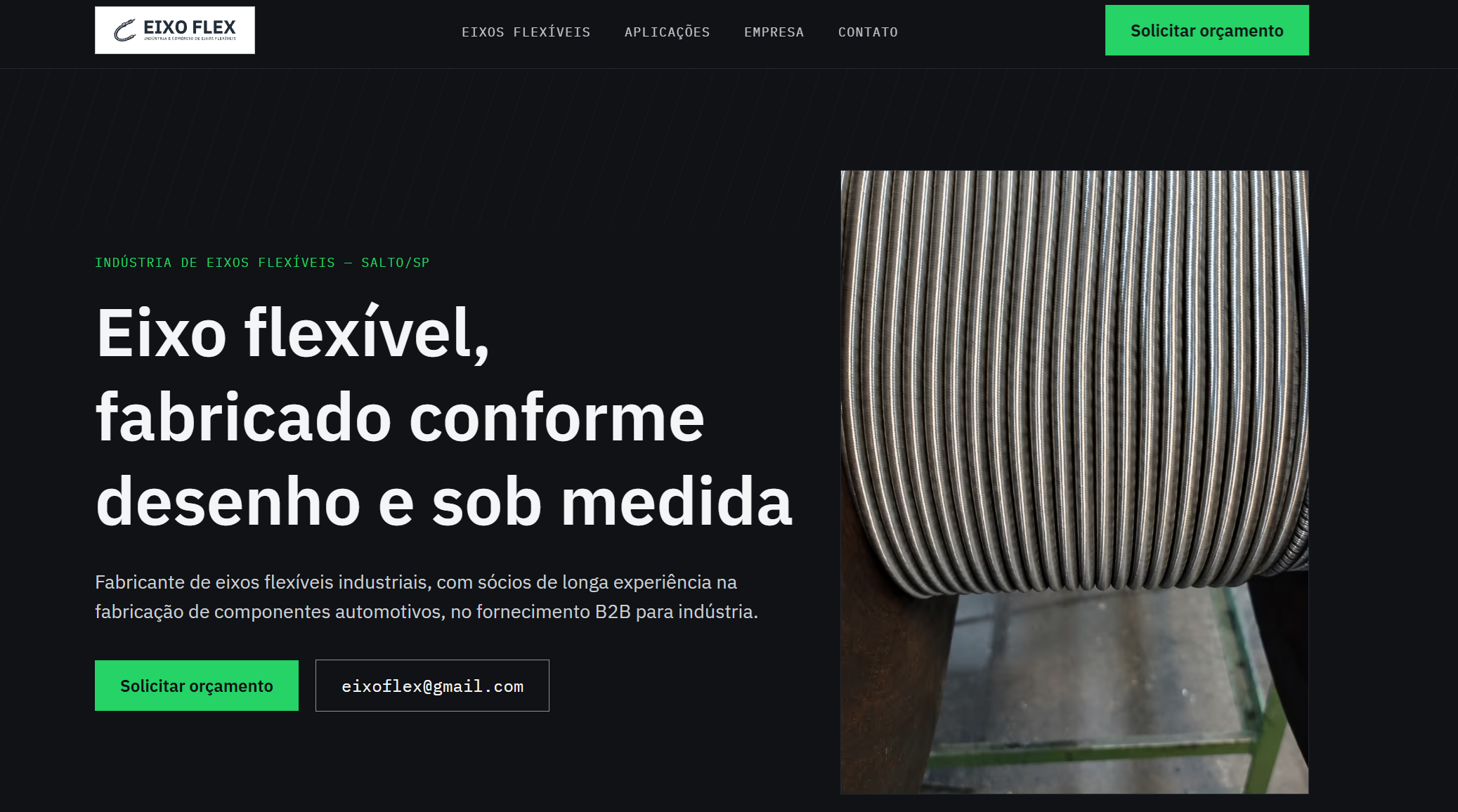 Primeira dobra do site da Eixo Flex, fabricante de eixos flexíveis, feito pela Local em Alta